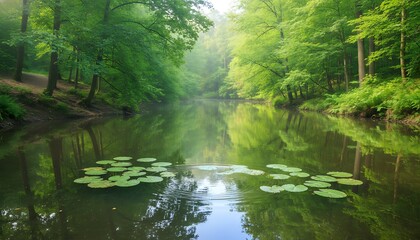 Obraz premium serene forest pond with lily pads and lush greenery