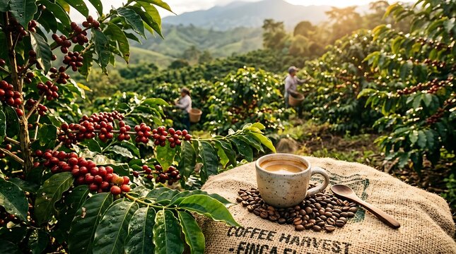Kopi segar dari perkebunan kopi dengan latar pemandangan hijau dan perkebunan yang subur di pagi hari yang cerah dan penuh semangat kerja