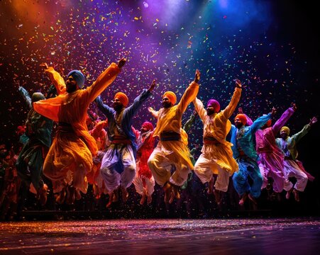 Dynamic shot of Bhangra dancers performing a jump in unison on a stage, colorful turbans and costumes flying, confetti in the air, stage lights creating dramatic shadows, high contrast