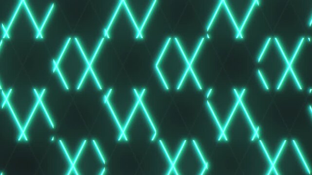 Abstract neon turquoise zigzag lines and diamond shapes pulse on a dark grid background, creating a futuristic tech wallpaper motion design for VJ, UI, and events