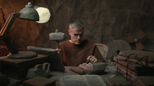 Funny prehistoric businessman working in his office, he is stuck on a calculation so he hits his head with a hammer and solves the problem