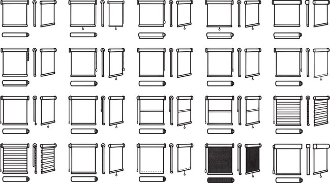 Various window roller blinds are displayed. A drawing illustrates several types of blinds, with varied styles, designs, and mechanisms for light control and privacy. 