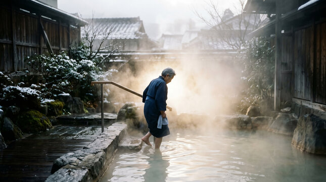 Elderly woman relaxing in steamy hot spring