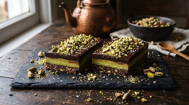 Kue lapis cokelat dan pistachio dari permukaan kayu dengan wedang teh di background untuk konsep kue harian