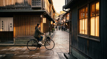 Fototapeta premium Woman Riding Bicycle Through Traditional Japanese Street at Sunset