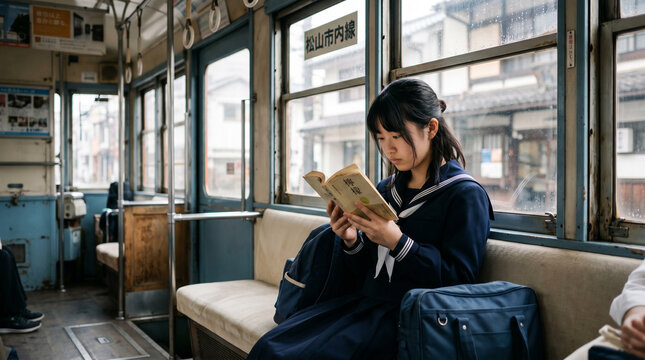Young girl reading on a vintage train in Japan