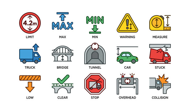 Traffic clearance icons showing vehicle height warnings on white