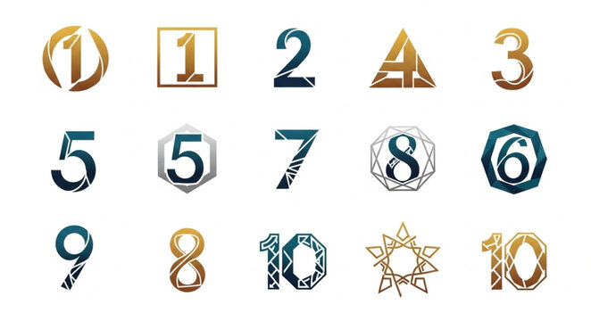 Collection of stylized numbers and digits in various designs.