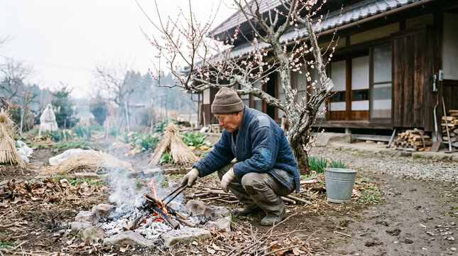 Elderly man tending to outdoor fire in rural garden