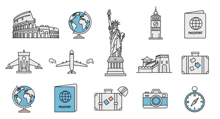 Collection of Travel Icons and Landmarks Hand Drawn Style. © Jarwo