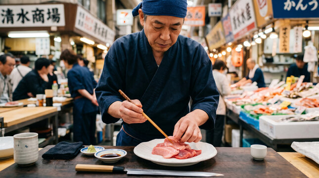 Skilled sushi chef preparing fresh sashimi in market