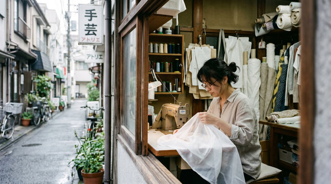 Female seamstress working in traditional tailoring shop