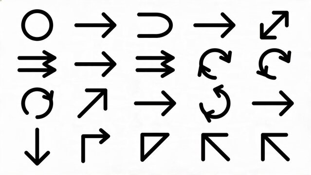  is a vector illustration featuring a grid layout of twenty black line icons on a white background. Each icon represents a different type of arrow or directional symbol, showcasing a variety of styles