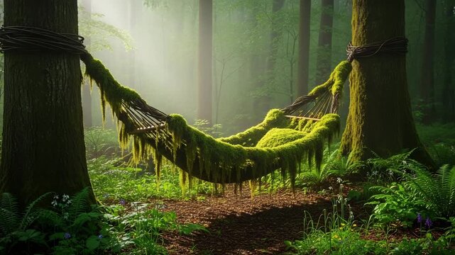 Green mossy hammock hanging between trees in a forest