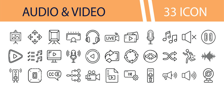 Audio & Video 33 Icon Set, modern linear vector collection for multimedia and entertainment. Digital media interface symbols, sound and visual content controls