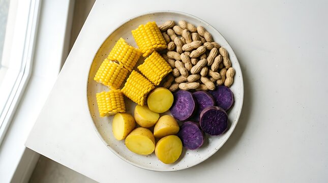 Makanan sehat dari jagung kukus, ubi ungu, kentang kuning, dan kacang tanah di piring putih dekat jendela alami