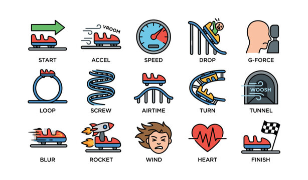 Roller coaster ride icons showing motion elements and effects