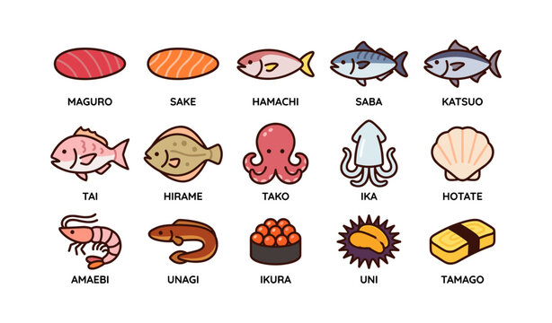 Sushi and seafood icons arranged on white background