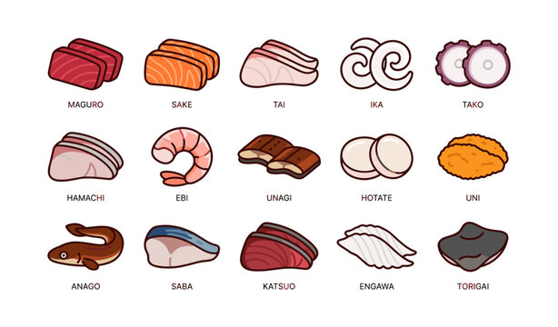 Sushi and sashimi icons labeled in grid on white background