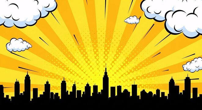 Bright yellow comic sunburst background with city skyline silhouette and dramatic explosion rays perfect for comic book and marketing visuals.