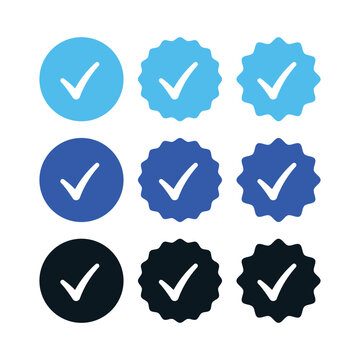 Blue Verified badge icon set. Blue tick check with social media account icon. Set of check mark icons. approved profile sign. white tick in blue circle. Social media official account tick symbol