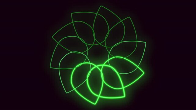 Glowing neon green geometric flower mandala animation rotates smoothly on a dark background, creating a futuristic tech look for intros, transitions, and overlays