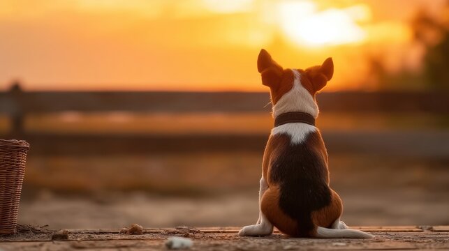 Small dog watching sunset over landscape with warm colors creating a serene and peaceful atmosphere in nature