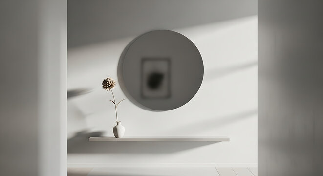 Minimalist interior design with a single dried flower in a vase on a shelf, reflecting in a round mirror with soft lighting and shadows