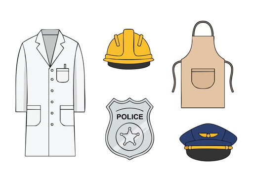 Vector silhouette of a lab coat, hard hat, police badge, pilot hat, and apron, graphic elements