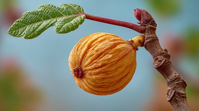 Ripe yellow fig fruit hanging from a branch with green leaves against a softly blurred background, showcasing natural textures and colors in a close-up view