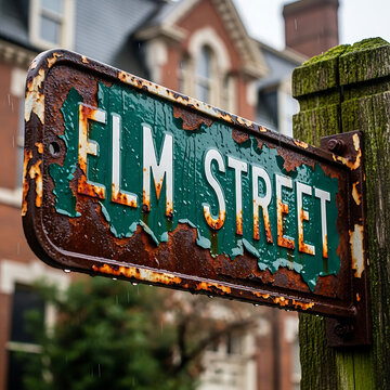 A weathered and rusty green Elm Street sign hangs on a wooden post on a rainy day.