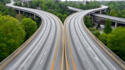 Obraz premium Aerial View of Highway Interchange Surrounded by Lush Greenery Showcasing Traffic Flow and Infrastructure in Natural Setting