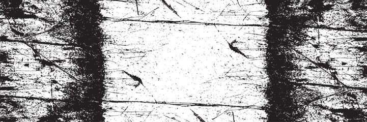 Naklejka premium A high-contrast, distressed wooden plank texture featuring a bright, weathered center panel framed by dark, rough-hewn edges with deep grain patterns.