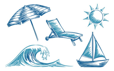 Obraz premium A summer scene with beach elements umbrella chair sun wave and sailboat