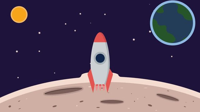 cartoon rocket in space is landing on moon