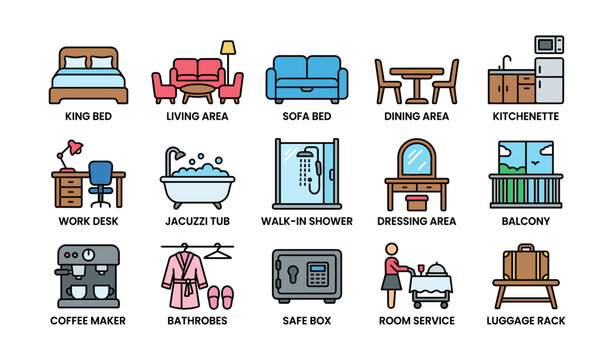 Hotel room amenity icons of furniture and services on white