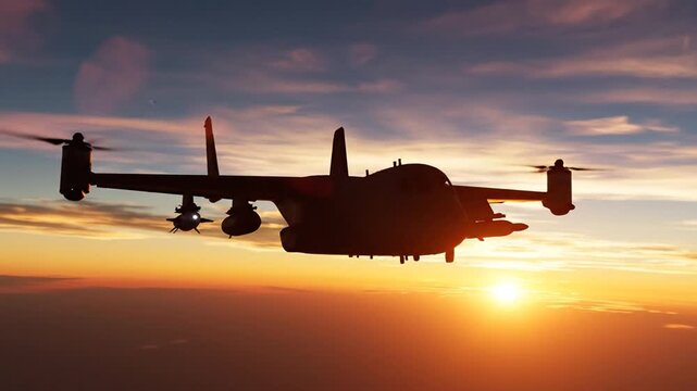 Military tiltrotor aircraft silhouette flying at sunset over clouds