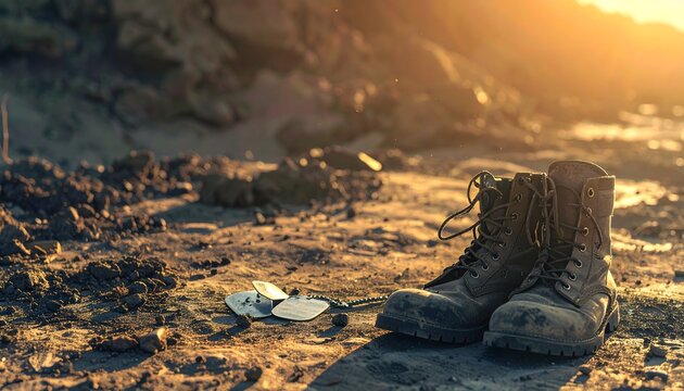 Military boots and scattered dog tags on rocky desert at sunset, symbolizing sacrifice, loss, and remembrance for fallen soldiers on Memorial Day.