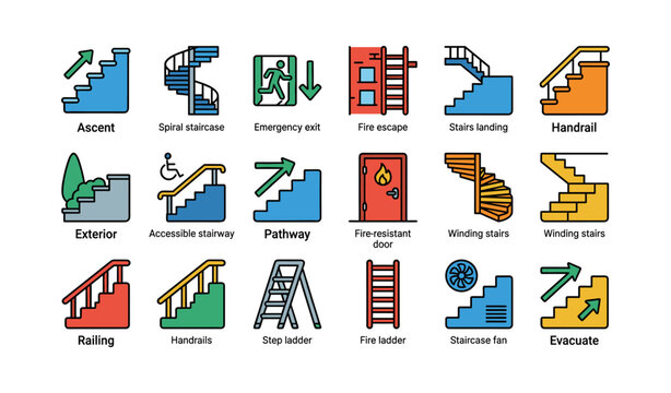 Stair and staircase icons showing steps handrails exits and ladders