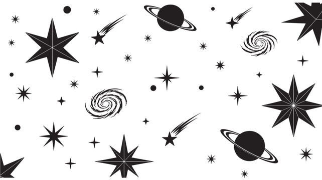 Stars and orbiting planets scattered across a minimalist white background provide a clean celestial design element.