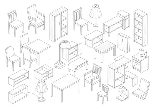 Collection of CAD furniture drawings in an isometric perspective