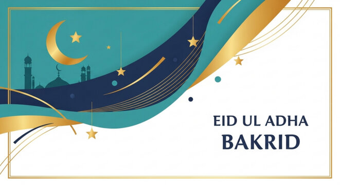 Eid Ul Adha Bakrid Islamic holiday greeting card with crescent moon mosque silhouette and golden abstract design elements celebrating tr
