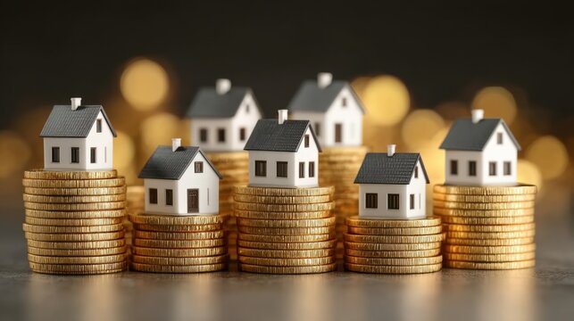 Miniature Houses on Stacks of Gold Coins Representing Real Estate Investment and Financial Growth Opportunities