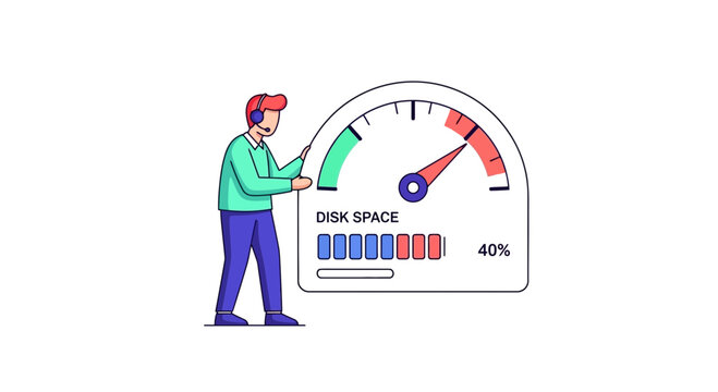 Man checking disk space meter with red needle on a white background in a modern flat design style with simple shapes and bold colors to represent technology and storage concepts