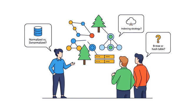 Businessmen discussing database management system, software development, and cloud computing in a modern office setting with a flowchart and tree diagram