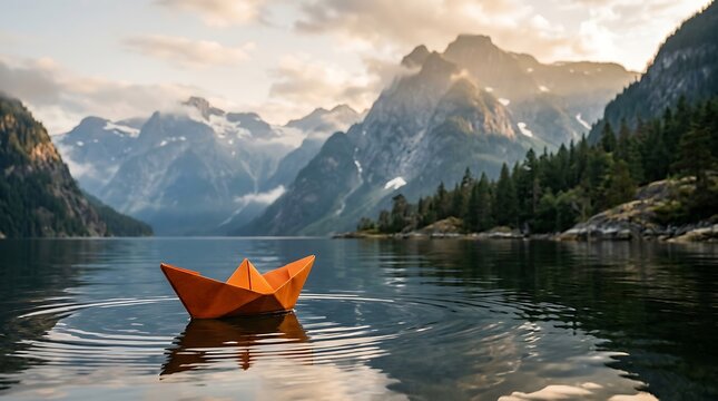 Perahu kertas warna dunia alami dan pegunungan pegunungan yang indah di tepi danau saat matahari terbenam