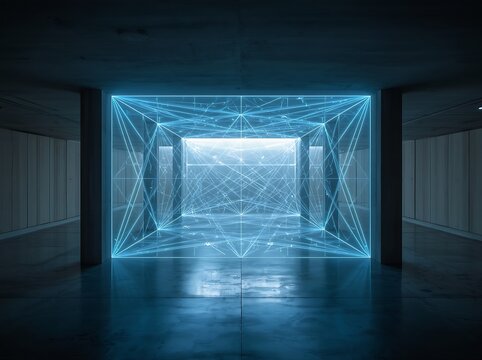 Empty dark corridor with a luminous blue wireframe cube installation displaying interconnected network lines and data points.