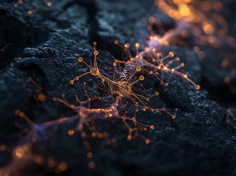 Macro photography of golden-orange glowing filamentous microorganisms with spherical nodes spreading across dark volcanic rock surface.