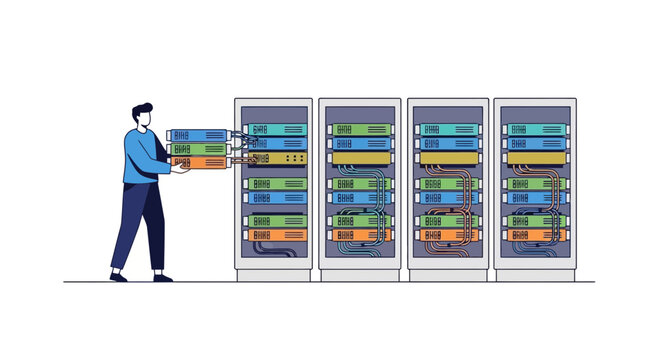 IT Technician Inserting Hardware Server Blade into Data Center Rack Cabinet for Network Infrastructure Maintenance and Information Technology Setup