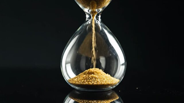 Golden sand flows through a classic hourglass, symbolizing the relentless passage of time, deadlines, and measurement.